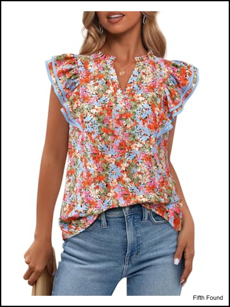 Women's Floral V-Neck Cap Sleeve Ruffle Blouse - Lightweight Summer Top